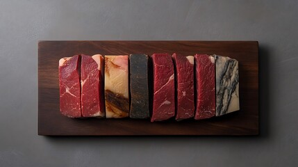 Various cuts of raw beef arranged on a wooden board.