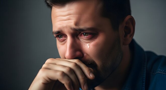 man crying Close-Up of a Man Crying with Hand Over Mouth 