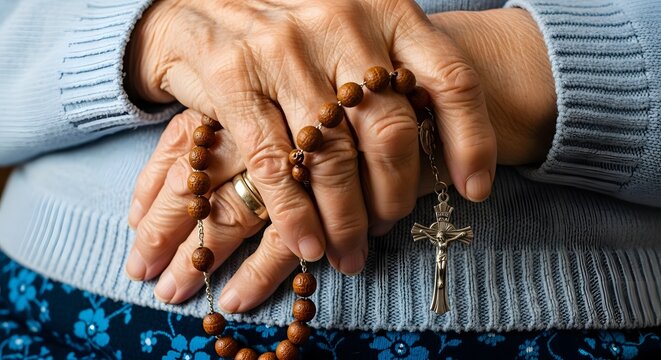Close-Up of Hands and Rosary Close-Up of Senior Woman's Hands Clasping a Wooden Rosary Woman's Hands Holding a Rosary with Cross 