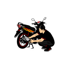 a man squats to clean a motorcycle vector illustration