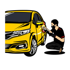a man squatting sideways polishing a car vector illustration