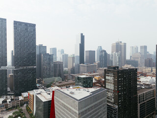 Fototapeta premium Heavy smog in Montreal downtown because of wildfire and industrial pollution, Quebec, Canada