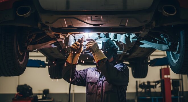 Mechanic Welding Car Undercarriage with Sparks Flying in Garage  Welding Sparks and Car Repair  Welding Under Vehicle with Safety Equipment 