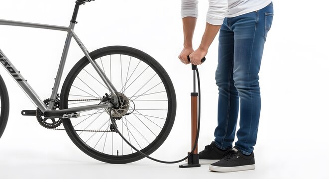 Man Pumping Air into Bicycle Tire on White Background Cycling Maintenance: Close-Up of Inflating Bike Tire