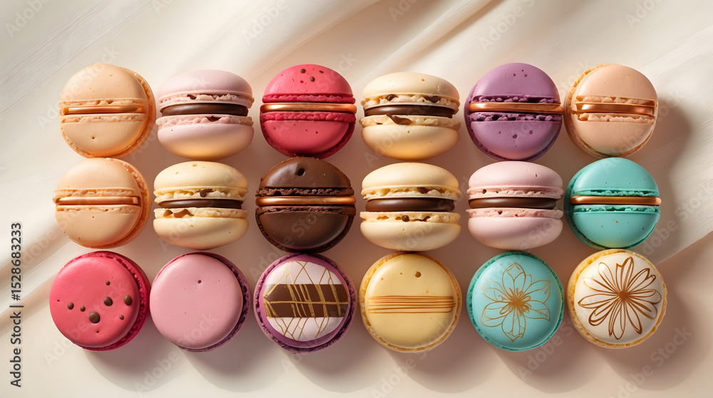 Poster a delightful array of colorful macarons, meticulously arranged on a creamy white background. each ma