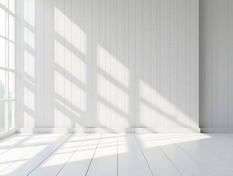 Bright empty studio space with cool toned light grey wooden panels on the walls and floor. The wall features vertical planking with subtle light.