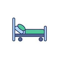Hospital bed icon with green and blue bedding in flat design  
