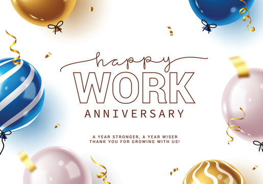 Happy work anniversary clipart design. Company greeting celebration card in white simple invitation background with balloons elements clip art for recognition another year of success vector