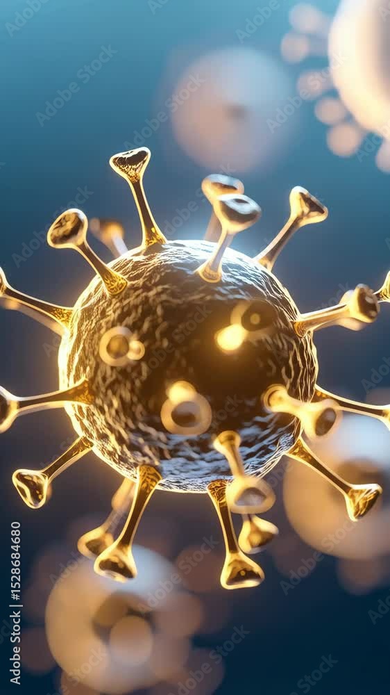 Poster detailed close up of spiked spherical virus particle with glowing accents and blurred background aga