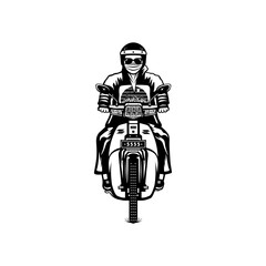 cool classic biker speeding in front view black and white vector illustration