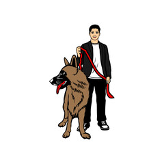 a man standing with his pet dog front view vector illustration