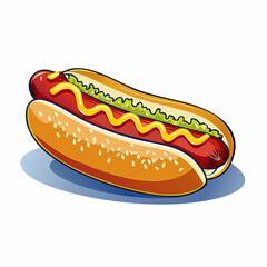 Delicious Hotdog: An enticing depiction of a classic hotdog, featuring a perfectly grilled sausage nestled in a fresh bun, adorned with vibrant mustard and relish, ready for immediate indulgence.