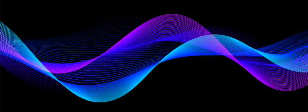 Blue purple neon sound wave on black background. Abstract flowing wavy dot line design for ai concept, equalizer, audio record, voice assistant. Vector glowing gradient dashed curve stripe wallpaper