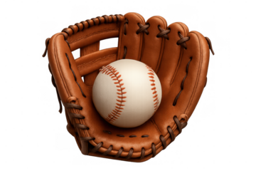 Classic leather baseball glove holding a white baseball ball, isolated on transparent background, ready for a game