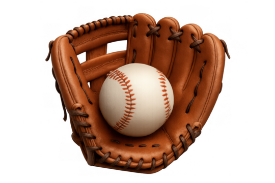 Classic leather baseball glove holding a white baseball ball, isolated on transparent background, ready for a game