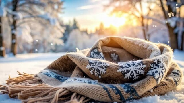 Beige scarf with snowflakes on snow in forest setting with warm light during winter. Holiday season scenery concept.