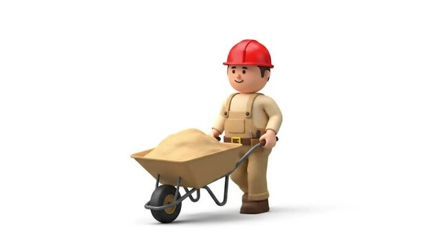 3 d cartoon construction worker pushing wheelbarrow with sand