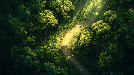 Fototapeta premium Sunlight filtering through a dense forest path.