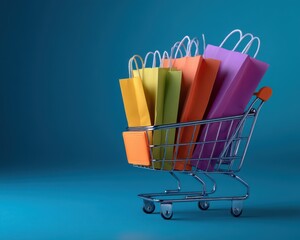 Colorful shopping bags fill a miniature shopping cart.