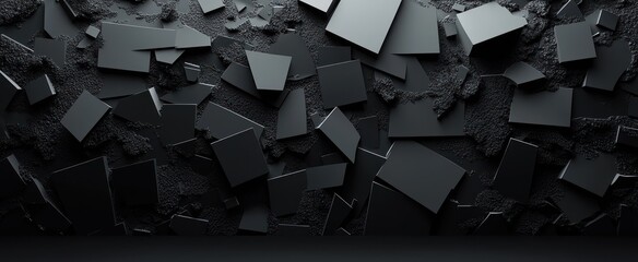 Dark abstract background featuring a chaotic arrangement of various-sized, dark grey rectangular and square shapes, creating a textured and fragmented appearance