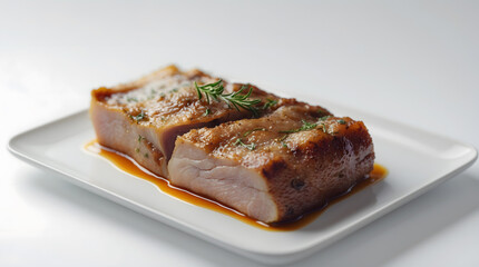 Close-up of two slices of perfectly roasted meat, glistening with savory juices and topped with fresh rosemary. Served on a minimalist white plate.