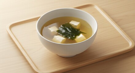 a bowl of delicious miso soup with tofu and wakame seaweed