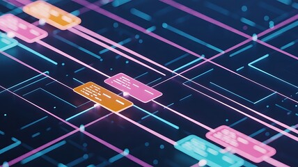 Abstract digital network with glowing lines and rectangular connected elements in blue