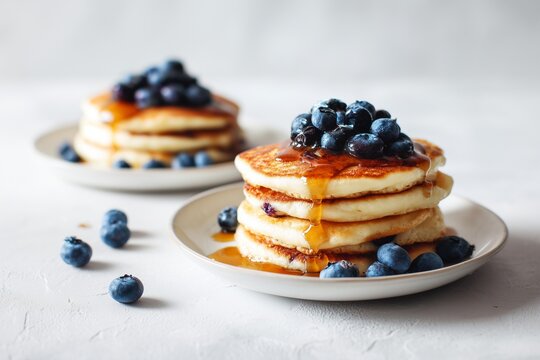 Cozy breakfast scene with two stacked plates of golden-brown blueberry pancakes drizzled with rich maple syrup, natural lighting enhancing warm tones and fresh berries on a clean