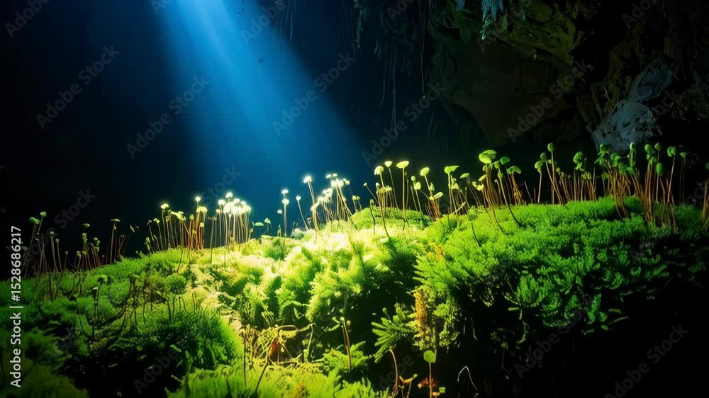 Poster glow moss landscape with otherworldly light creating a surreal nature scene in a dark environment wi
