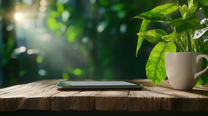 Sleek tablet on rustic wooden table beside coffee cup and green plant in soft natural light