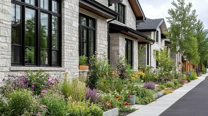 Modern homes with landscaping along a street.  Well-maintained gardens and flowerbeds flank the homes, with black windows and light stone facades