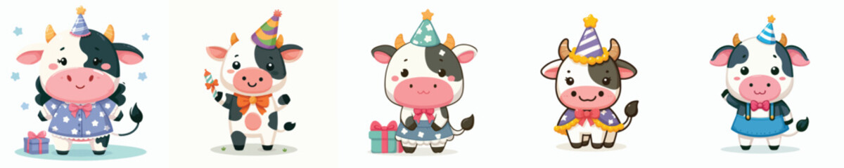 cute cow vector having a birthday