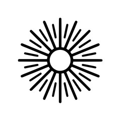 Obraz premium Black and white illustration of a sunburst with radiating lines emanating from a central circle.