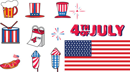 Vector collection of US Independence Day celebration art elements with red-white-blue flag vectors, bright fireworks, and gold stars. Dynamic, patriotic design, perfect for digital or print decoration