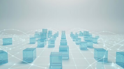 Abstract representation of data and connectivity with transparent blue cubes and lines