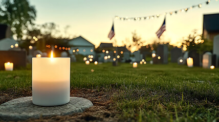 military grave, american flag beside memorial headstone with candle at sunset