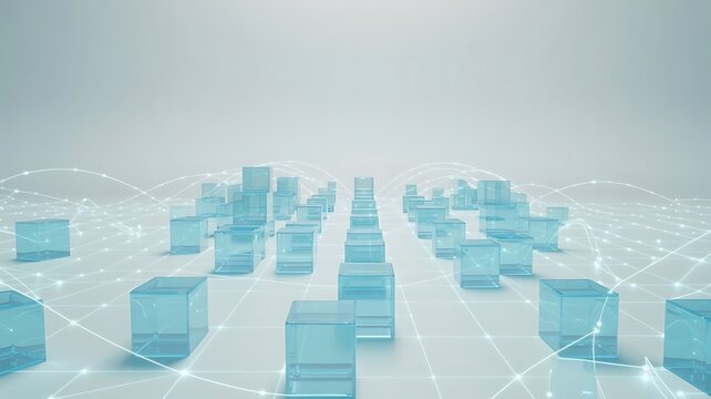 Abstract representation of data and connectivity with transparent blue cubes and lines