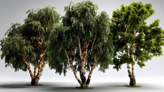Isolated birch trees with diverse foliage types standing on a plain white background, showcasing tree variations for design purposes