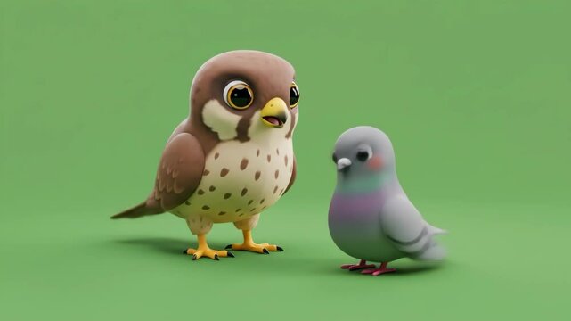 Cartoon Owl and Dove Standing on Green Background