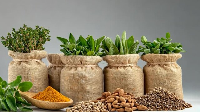 Culinary herb and seed assortment in burlap sacks for healthy eating and diet concepts