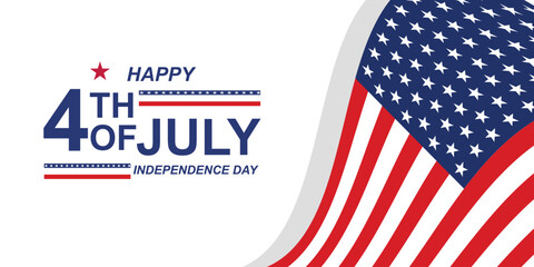 Vector landscape banner celebrating US Independence Day with red-white-blue flag vector, bright fireworks and gold stars. Dynamic, patriotic design, perfect for digital or print decoration.