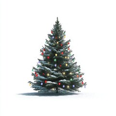 Fototapeta premium **Beautiful Christmas Tree Decorated with Colorful Lights and Snow on a White Background for Holiday Celebrations**