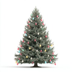 Fototapeta premium Festively Decorated Christmas Tree with Colorful Lights Against White Background for Holiday Celebrations and Winter Festivities