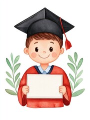 Happy graduate child in cap and gown holding blank certificate with leaves background, joyful celebration of educational achievement and parental pride