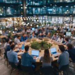 Team meeting in modern office with laptops and discussion.