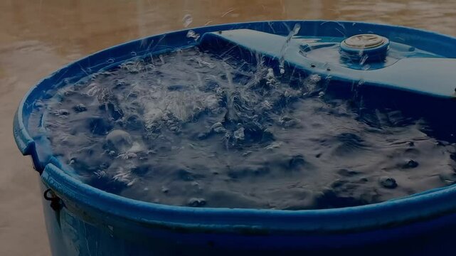 Collecting clean rainwater while raining from roof top into blue container. Close up of water overflowing from one barrel. World water day. Household concept.