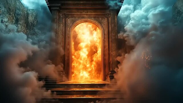 Mystical gateway to another dimension with fire and smoke within stone structure