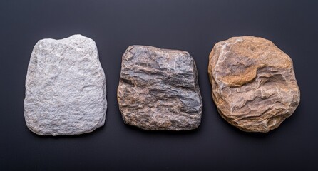 Three natural stones of varying colors on a black background.