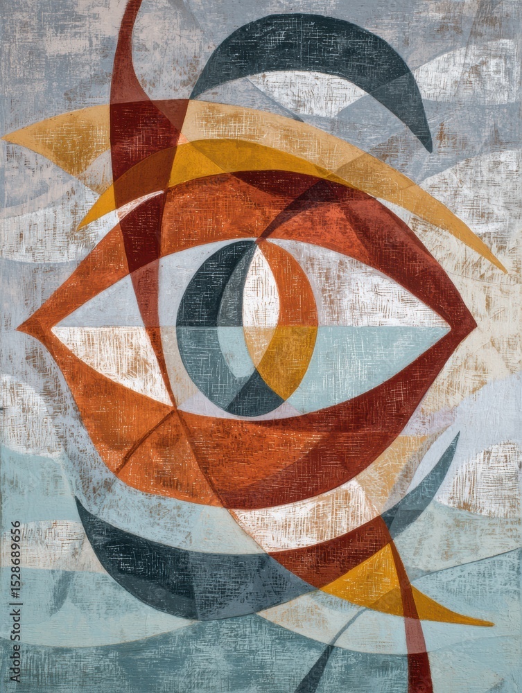 Poster Layered Abstract Shapes Create an Eye Design on a Neutral Background With Clear Upper Half, Reflecting Modern Artistic Expression