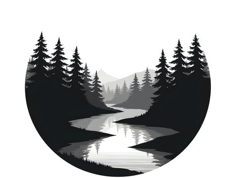 Black and White Circular Forest Scene, Showcasing a Silhouetted Pine Tree Grove, Reflecting in a Serpentine River, Emphasizing Natures Simplicity.